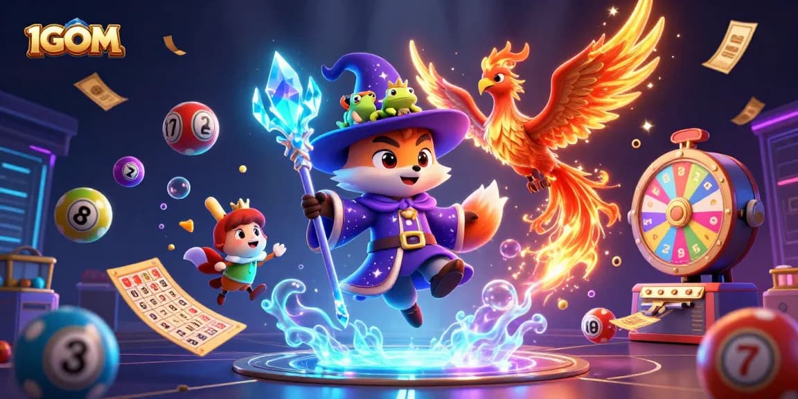 Experience the thrill of gaming with 1GOM as magical characters embrace vibrant lottery elements.