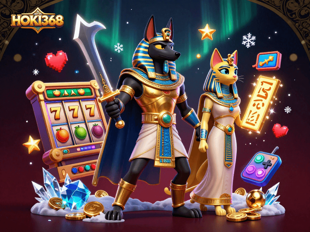 Play big with HOKI368 vibrant casino illustration featuring Anubis and Bastet amidst colorful slot machines.