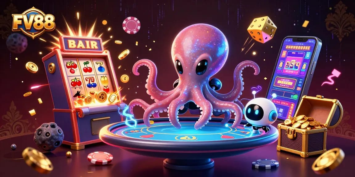 Experience thrilling gameplay at FV88 with a vibrant 3D scene featuring an alien octopus and robot at a floating poker table.