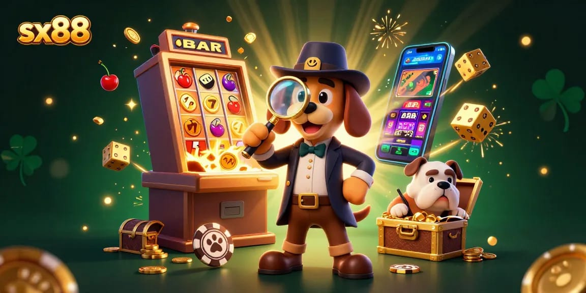Join the fun at sx88 with a cartoon detective discovering golden poker chips in this vibrant casino scene!