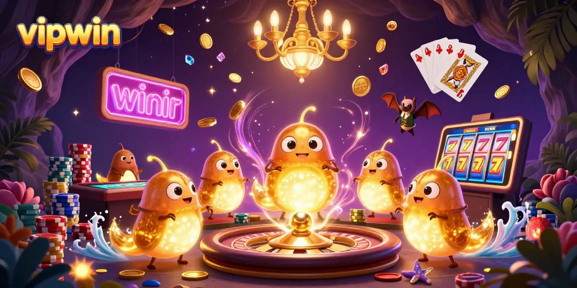 Experience fun at vipwin with a bat dealer in a vibrant casino scene illuminated by glowworms and sparkling gems.