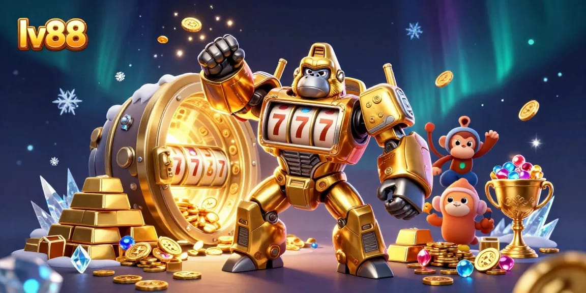 Experience the excitement of lv88 gaming with golden treasures and a powerful 3D gorilla mech.