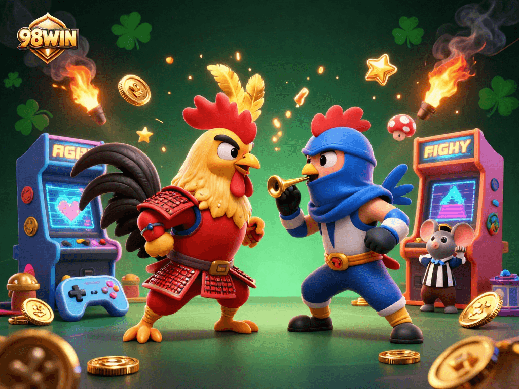 Engage with the thrilling action of 98WIN's rooster showdown in a vivid casino style.