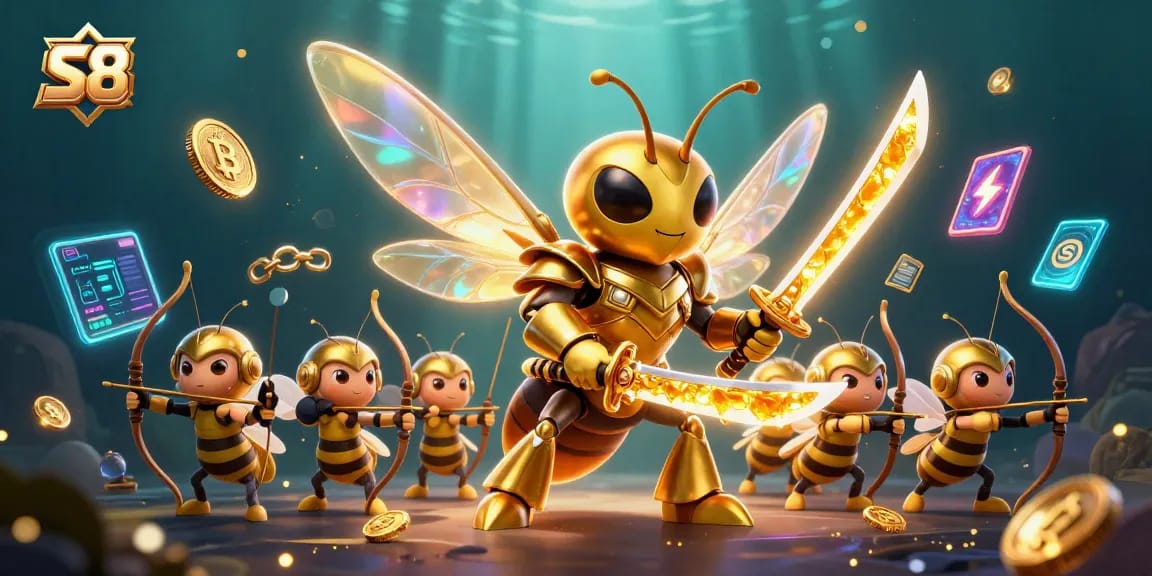 S8 showcases a thrilling casino adventure with samurai hornets wielding katanas among vibrant crypto coins.