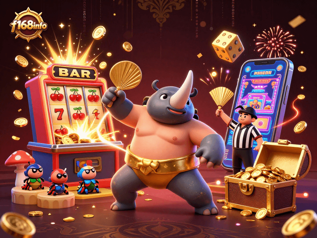 Experience exciting gaming action with f168info, featuring a vibrant sumo beetle champion and captivating casino elements.