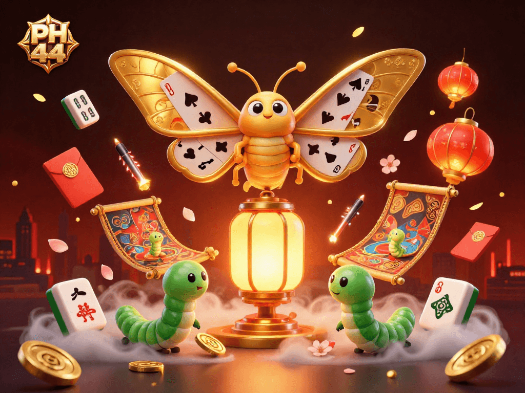 Experience the thrill of PH 44 with vibrant casino elements and a 3D moth illustration.