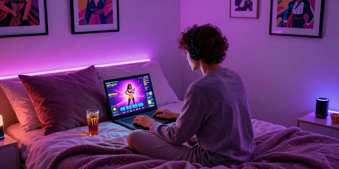 Engaging sex simulator gaming scene in a cozy bedroom at night.
