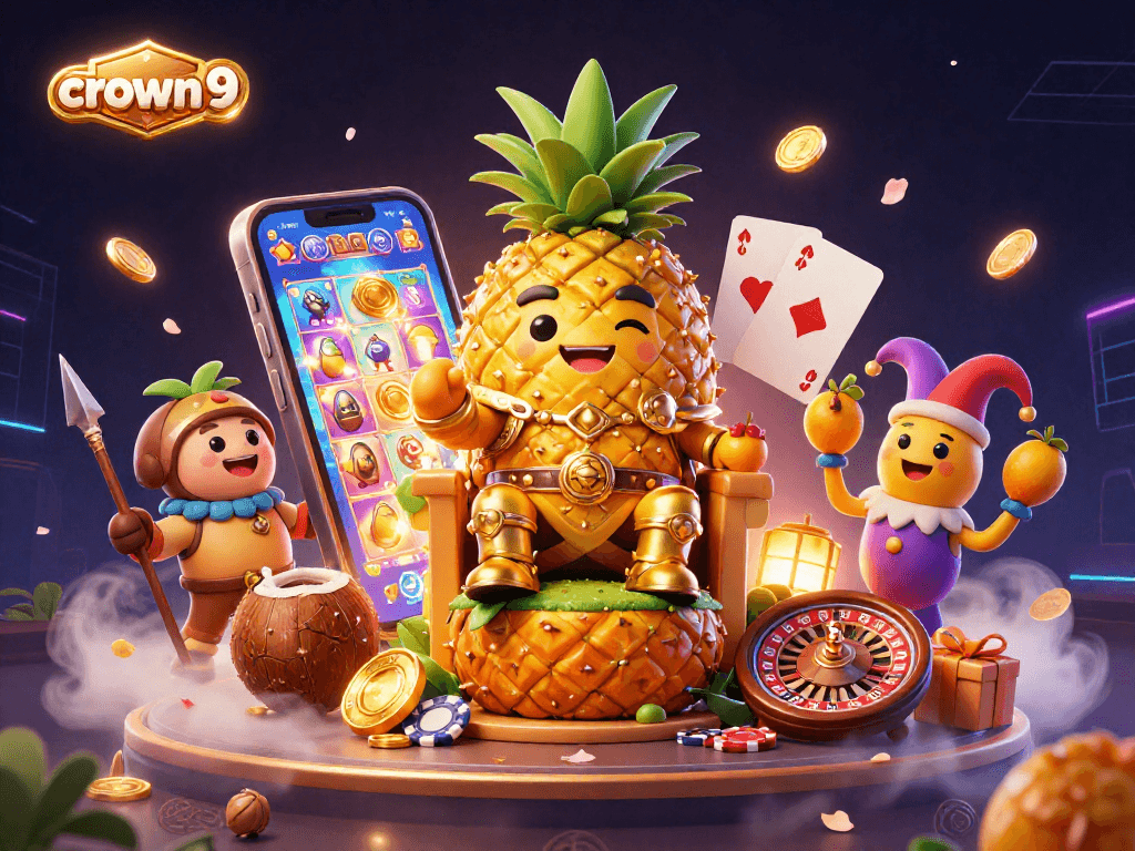 Engage in thrilling crown9 casino adventures with the vibrant cartoon pineapple king and lively jester.