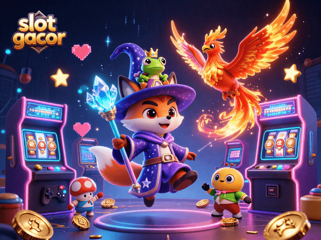 Engage with slot gacor thrills in this vibrant 3D casino illustration filled with dynamic gaming elements.