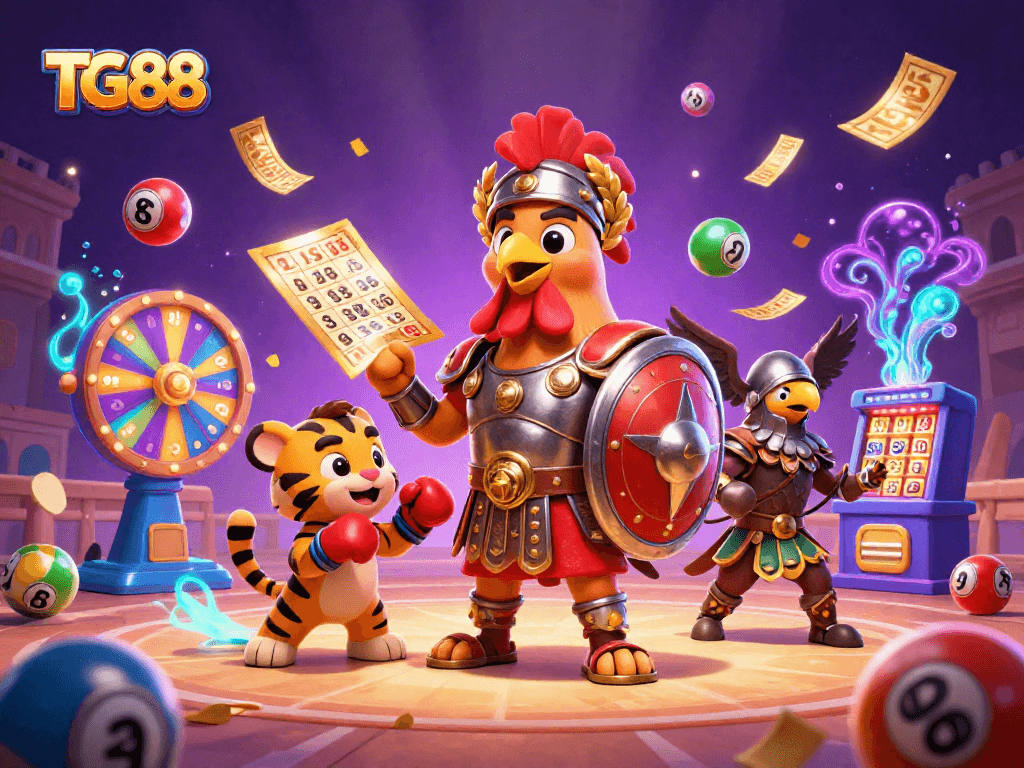 Engage with TG88's dynamic gaming experience featuring vibrant lottery balls and a 3D gladiator rooster.