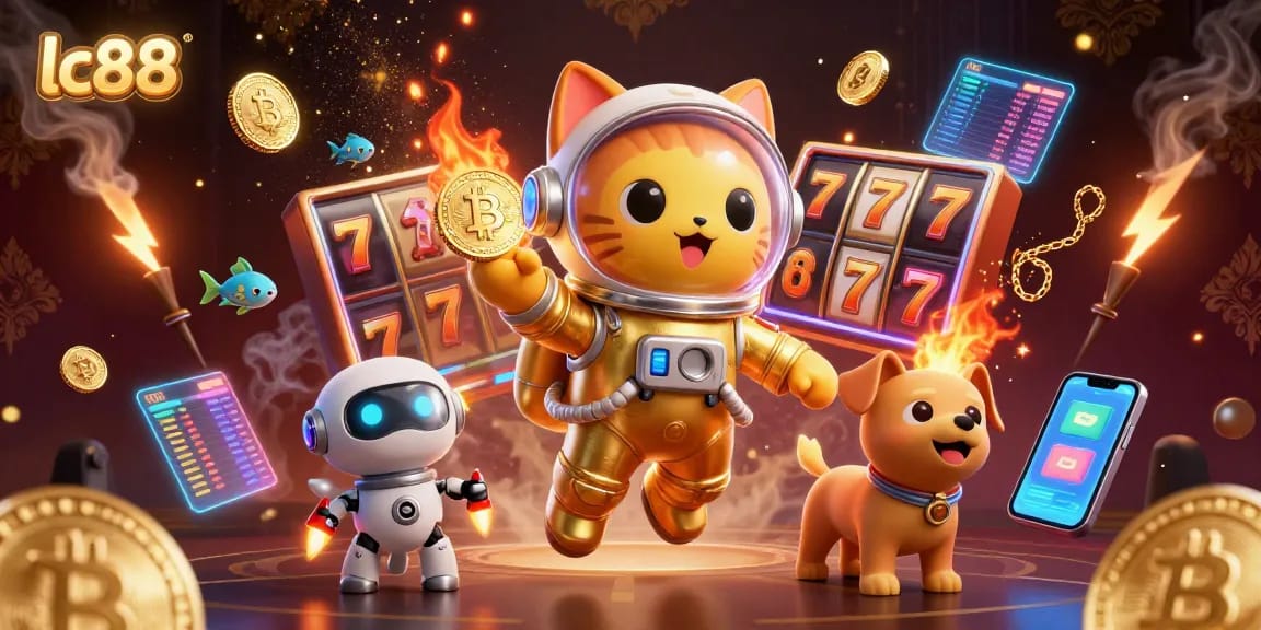 Engage with lc88 in a vibrant casino-themed universe featuring a golden space astronaut cat and robotic dog.