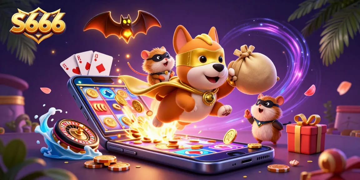 S666 delivers exciting gameplay with a superhero dog flying through a vibrant, colorful casino world.