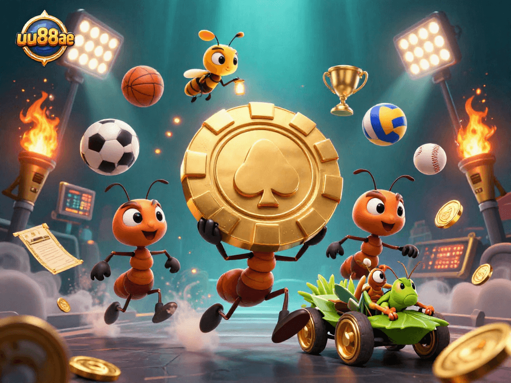 Engaging 3D scene with ants carrying a golden poker chip for uu88ae in a vibrant casino heist.
