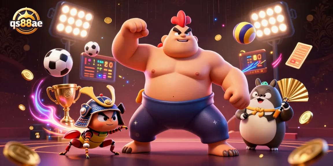 Experience high-stakes action with qs88ae featuring a dynamic sumo wrestler performing in a vibrant 3D casino scene.