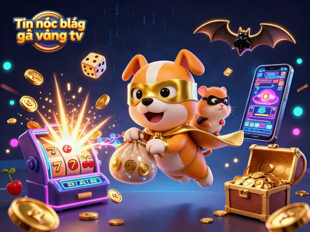 Tin tức bóng đá gà vàng tv showcases a superhero dog flying with gold coins amidst vibrant casino elements.