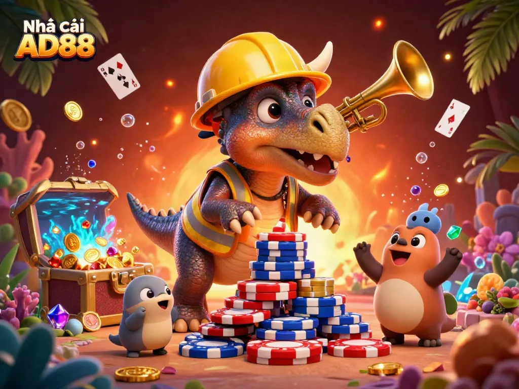 Join the fun at Nhà cái AD88 with an exciting illustration of a triceratops and friends celebrating casino wins amidst vibrant gaming elements.