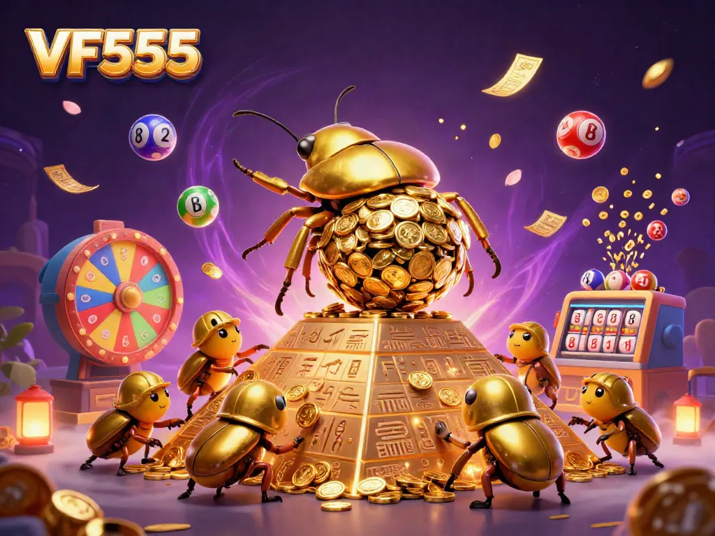 Experience the excitement of VF555 with a golden beetle and casino symbols in a vibrant scene.