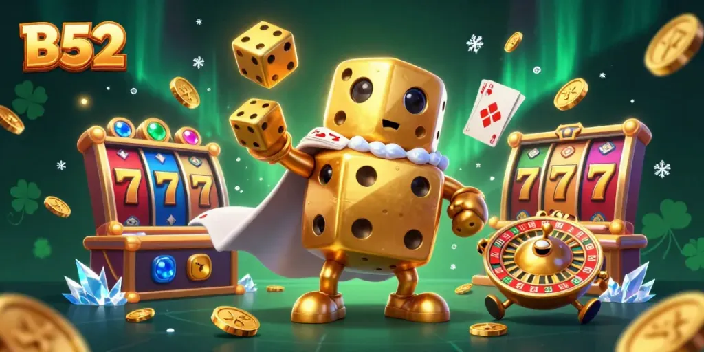 Experience exciting B52 gameplay with golden dice and vibrant slot reels in a dynamic scene.