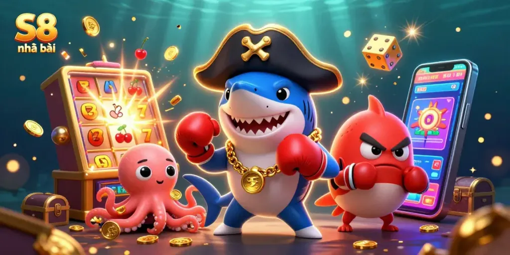 Join the fun with S8 nhà cái in an exciting casino atmosphere filled with gold coins and vibrant characters.