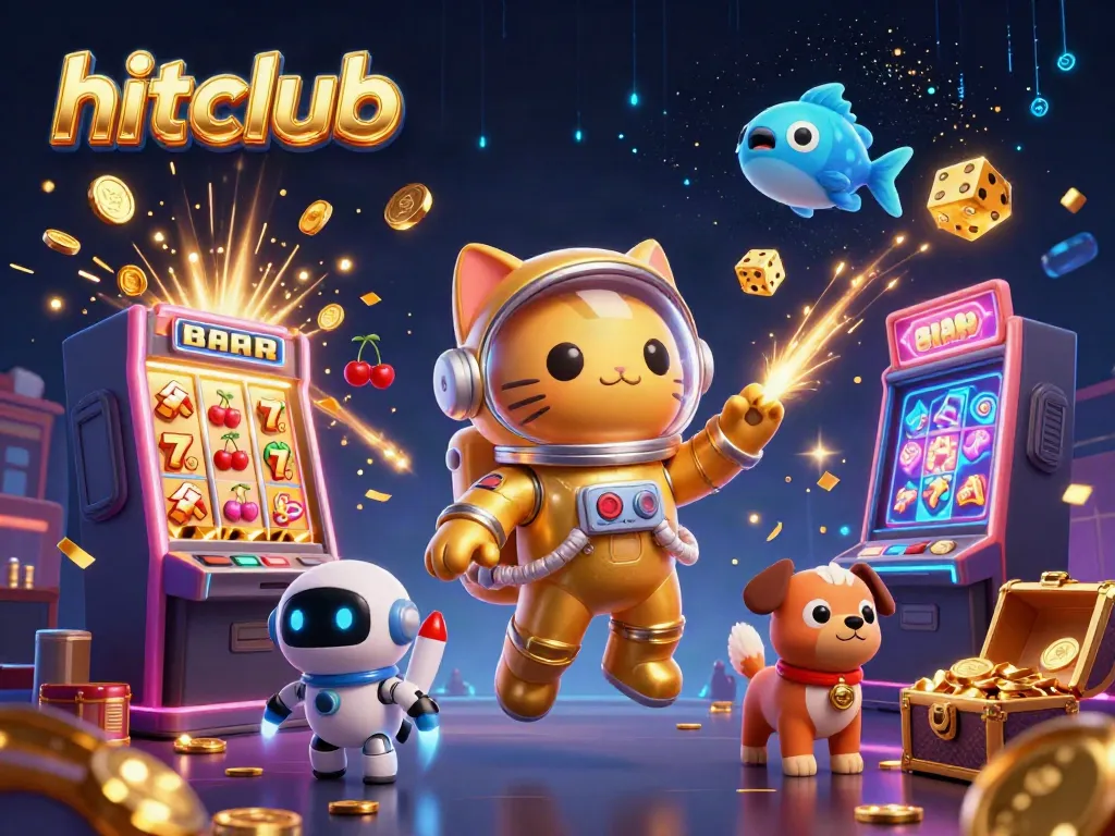 Carnival celebration at hitclub featuring vibrant jackpot symbols, a space cat, and confetti bursts.