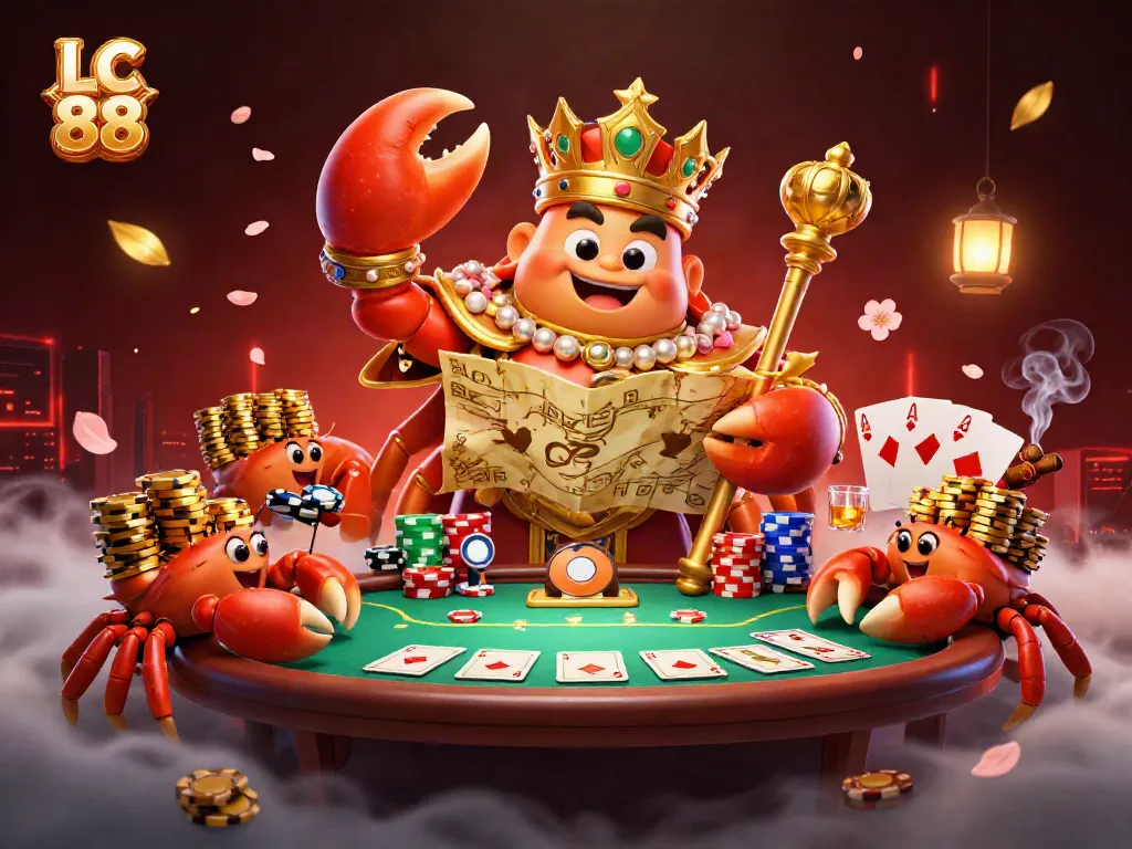 Experience thrilling gameplay with the golden crab emperor in an LC 88 casino scene filled with vibrant poker elements.