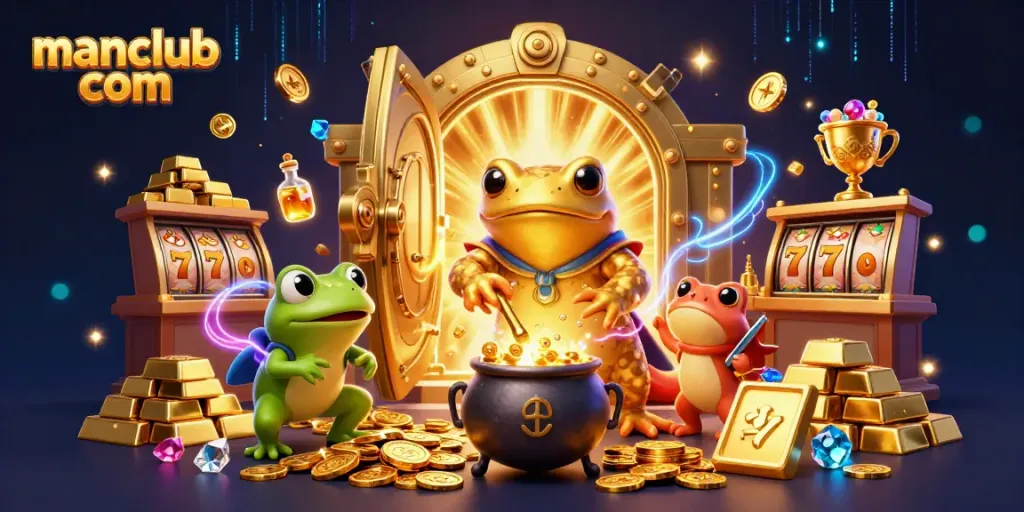 Spin the reels and win big at manclub com with a magical 3D alchemist scene featuring gold coins and gems.