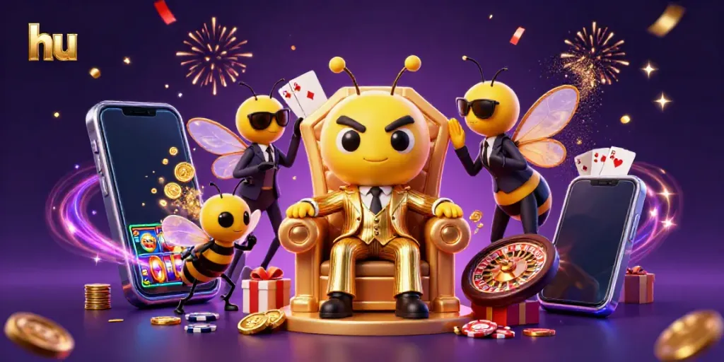 Spin colorful slots with hu's energetic bumblebee mob boss amidst casino delights.