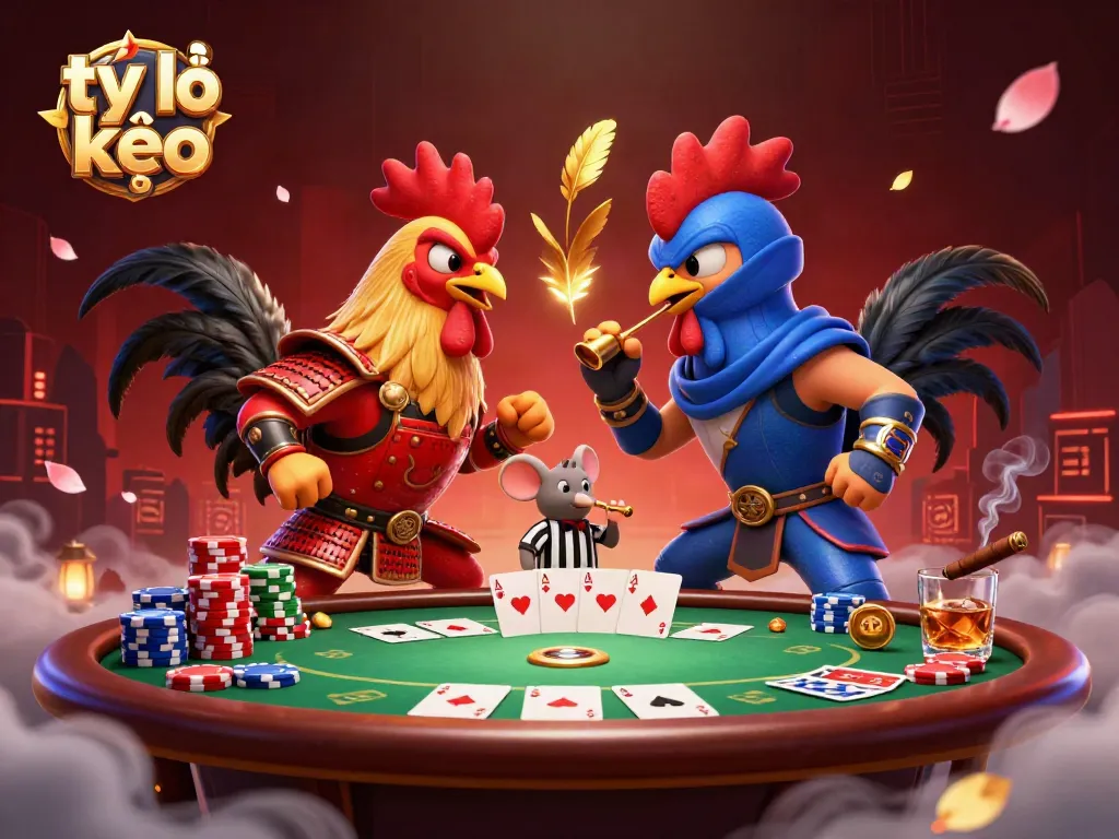 Experience tỷ lệ kèo through an intense standoff of fighting roosters amidst a rich casino backdrop.