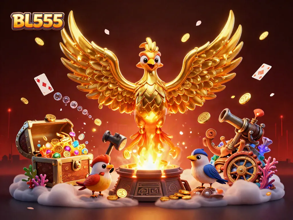 Experience winning strategies with BL555 in this vibrant 3D illustration featuring a golden phoenix and gaming elements.