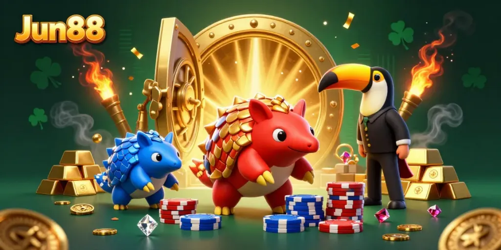 Experience exhilarating gameplay with Jun88 as rival pangolins bowl through poker chips amidst golden treasures.