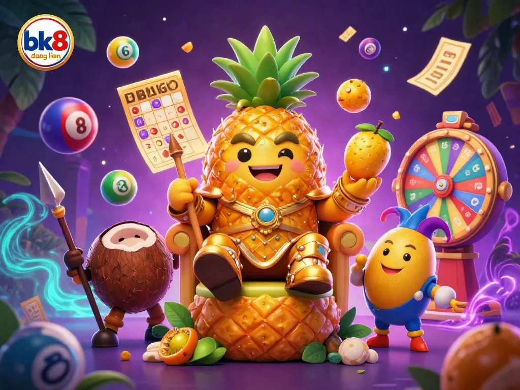 Engage in thrilling gameplay with bk8 đăng nhập, as colorful lottery balls burst outward around a tropical casino scene.