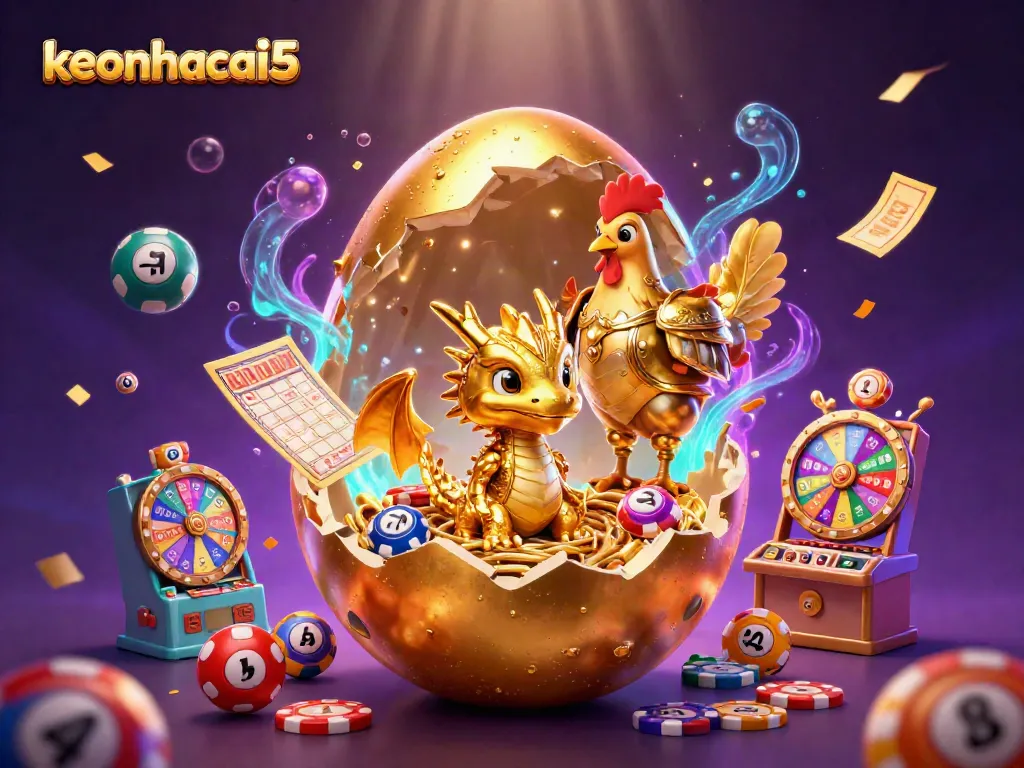 Engage with keonhacai5 as the stunning golden dragon emerges from a golden egg amidst lively gambling elements.