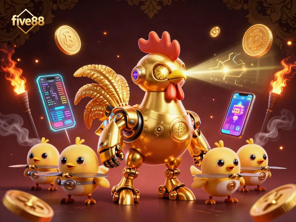 Join five88's thrilling gaming adventure with a golden rooster robot and baby chick drones