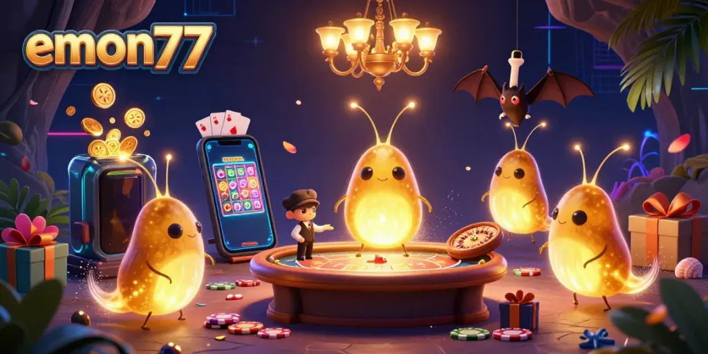 Engage with emon77 in a glowworm-themed cave casino, highlighting vibrant games and an exciting atmosphere.