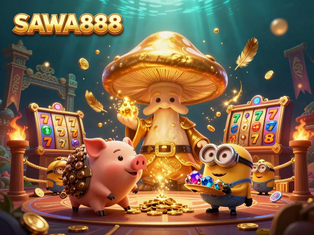 SAWA888 brings excitement to slots with a golden mushroom wizard and treasures.