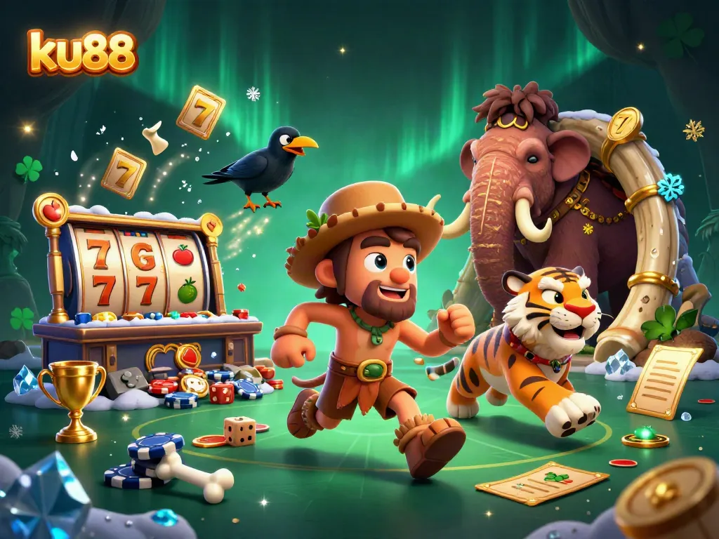 Experience thrilling slots at ku88 with a dynamic, prehistoric casino scene and playful characters.