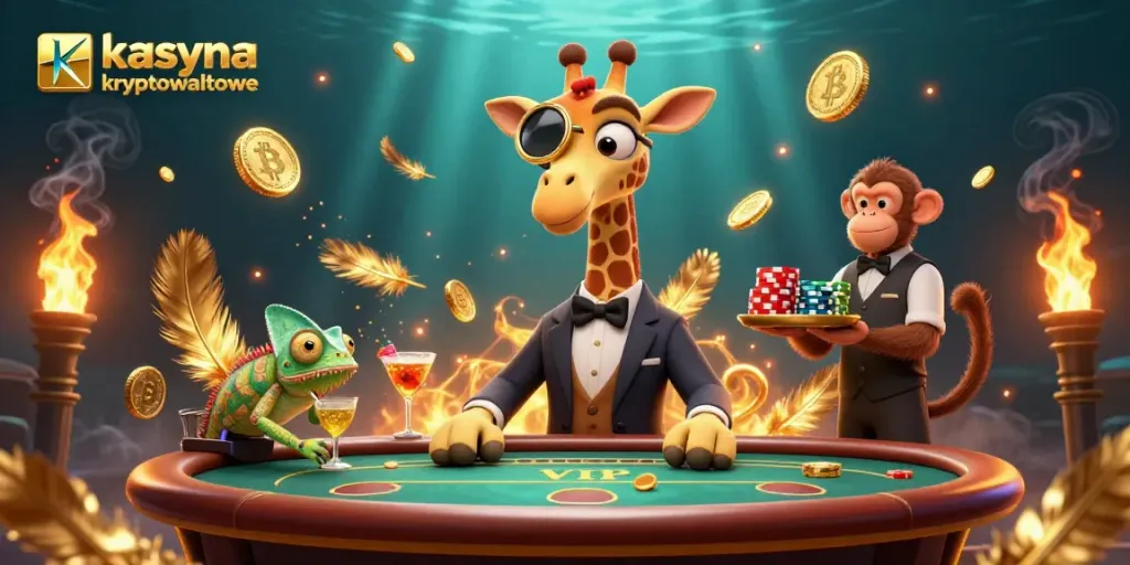 Experience the excitement of kasyna kryptowalutowe with a vibrant 3D scene of a high-roller giraffe and dynamic crypto elements.
