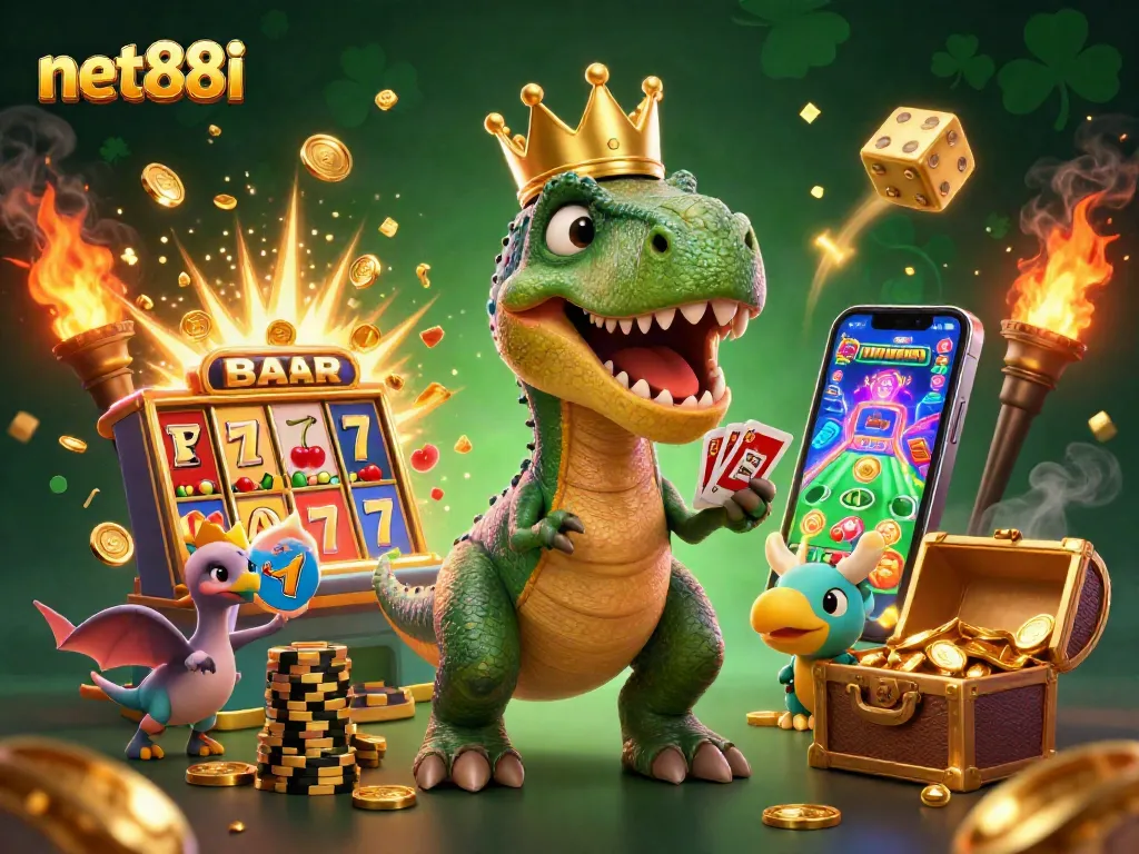 Experience the excitement of net88i with a vibrant 3D casino scene featuring colorful game elements.