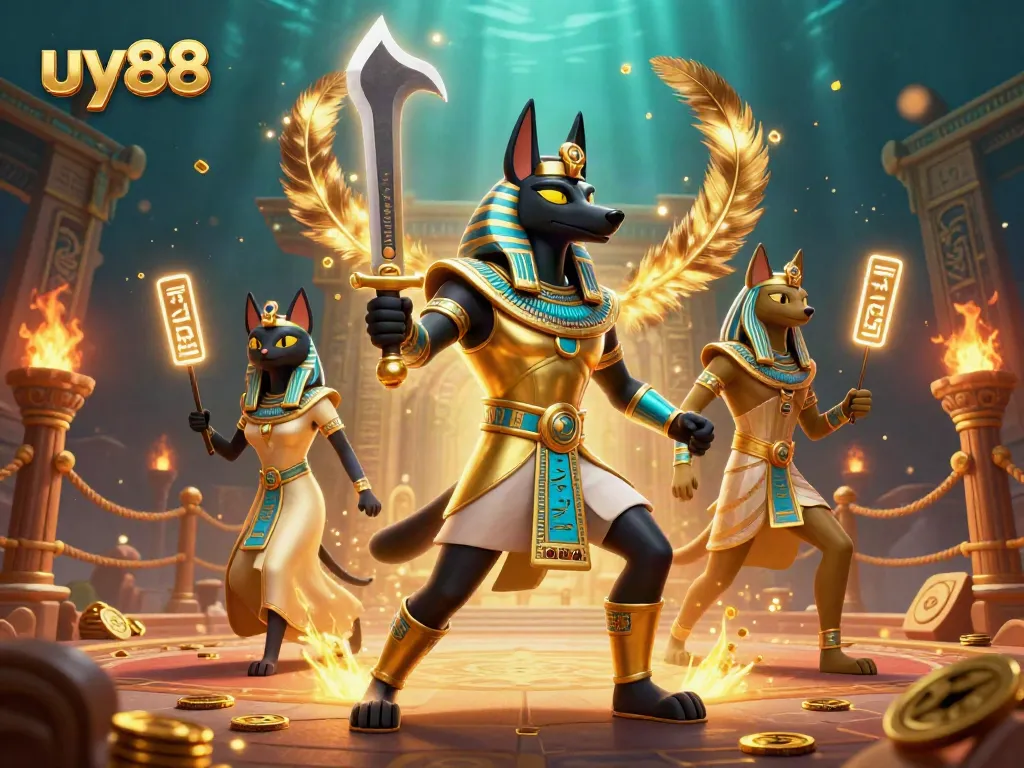 Engage in thrilling adventures with uy88 in a vibrant 3D casino environment featuring Anubis and Bastet.