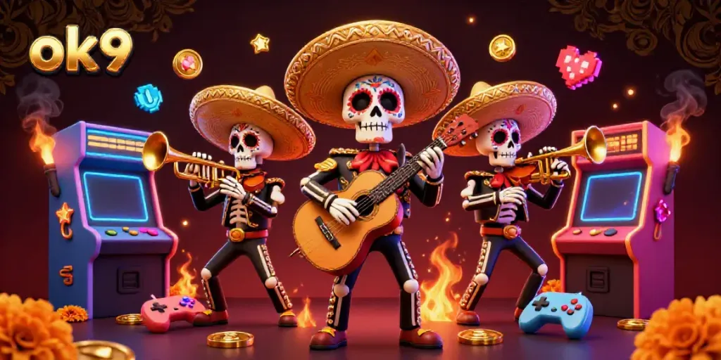 Experience the vibrant ok9 casino scene with a lively mariachi band surrounded by arcade and gaming elements.