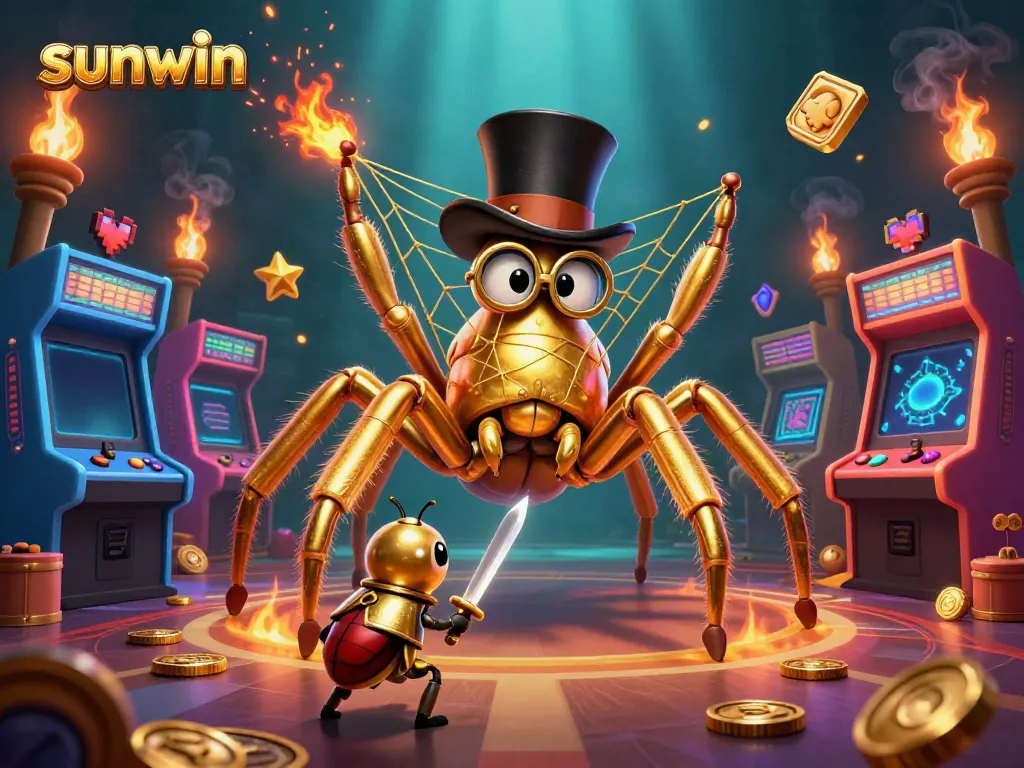 Engage with sunwin's vibrant casino scene featuring a golden tarantula and clever beetle knight.