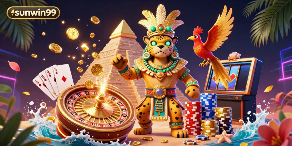 Experience the thrill of sunwin99 with a vibrant Mayan-themed gaming scene featuring cascading gems and dynamic casino elements.