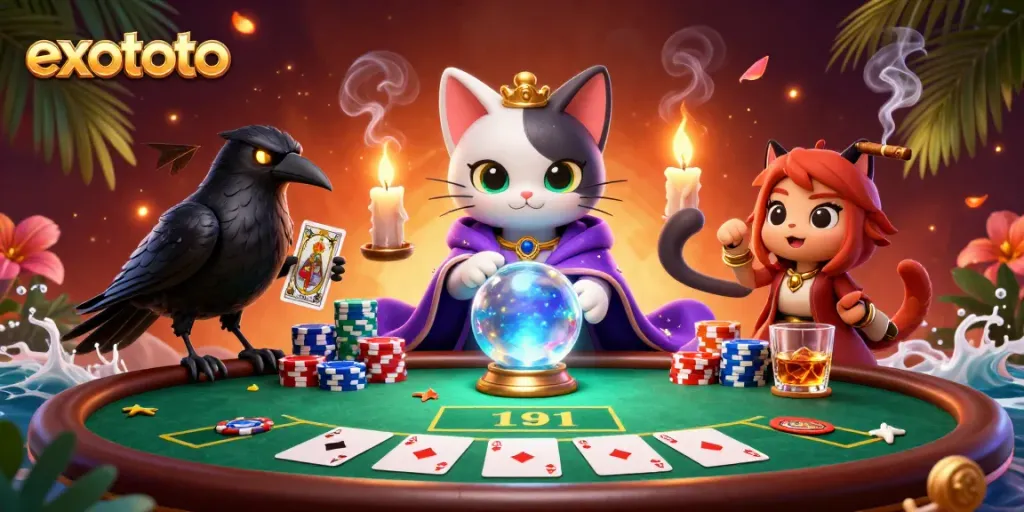 Visualisasi menarik tentang EXOTOTO dengan karakter kucing mistik dan unggas, serta elemen poker yang dinamis.