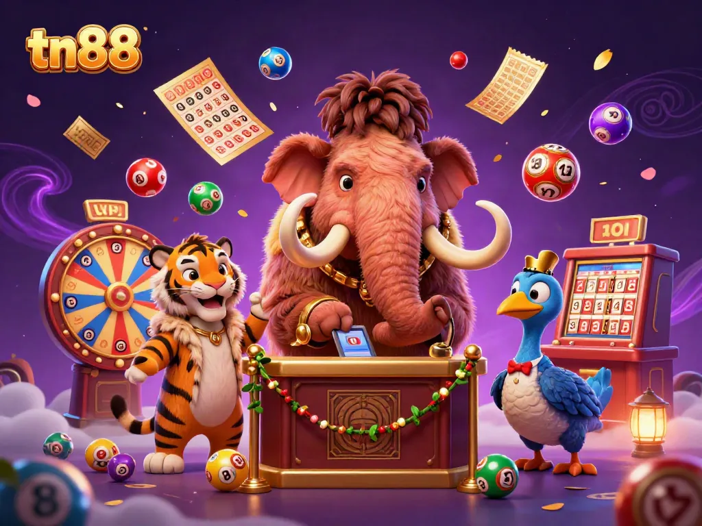 Engage in tn88 with a woolly mammoth bouncer and vibrant lottery elements in a lively casino scene.