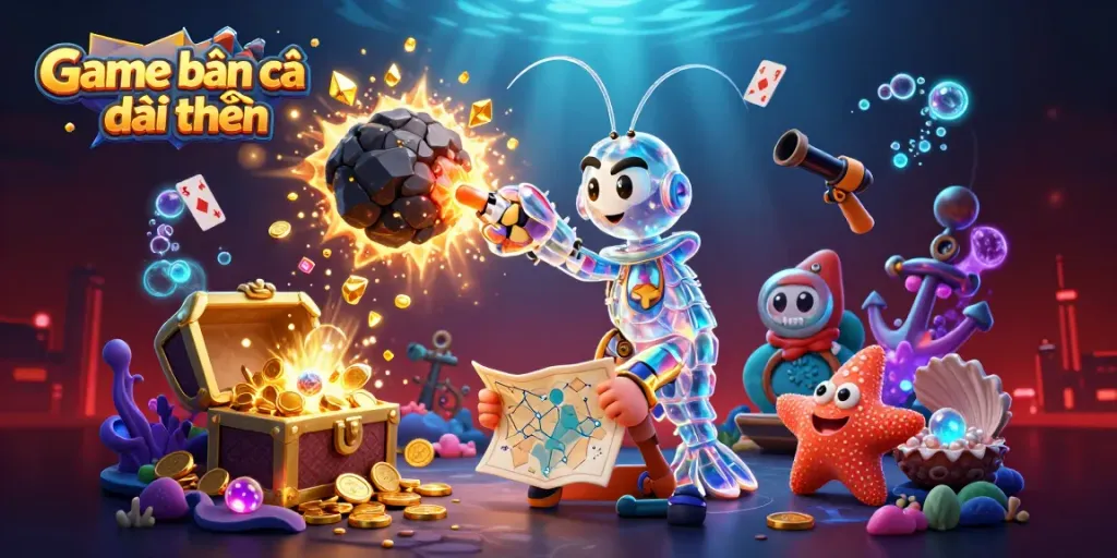 Engage in Game bắn cá đổi thưởng amidst vibrant undersea treasures and colorful gems.