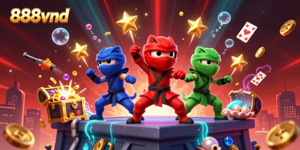 Synchronized martial arts by 888vnd's colorful chameleon team amidst a dynamic casino scene.