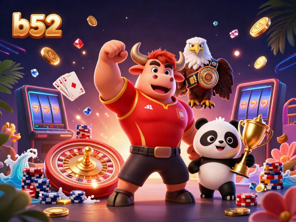 Experience the excitement of b52 casino games with dynamic 3D characters celebrating big wins among vibrant slots and casino elements.