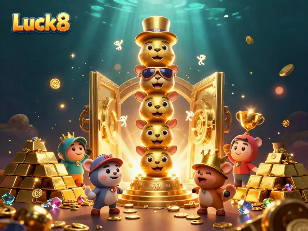 Experience the excitement of Luck8 with a vibrant 3D casino scene filled with golden treasures and lively characters.