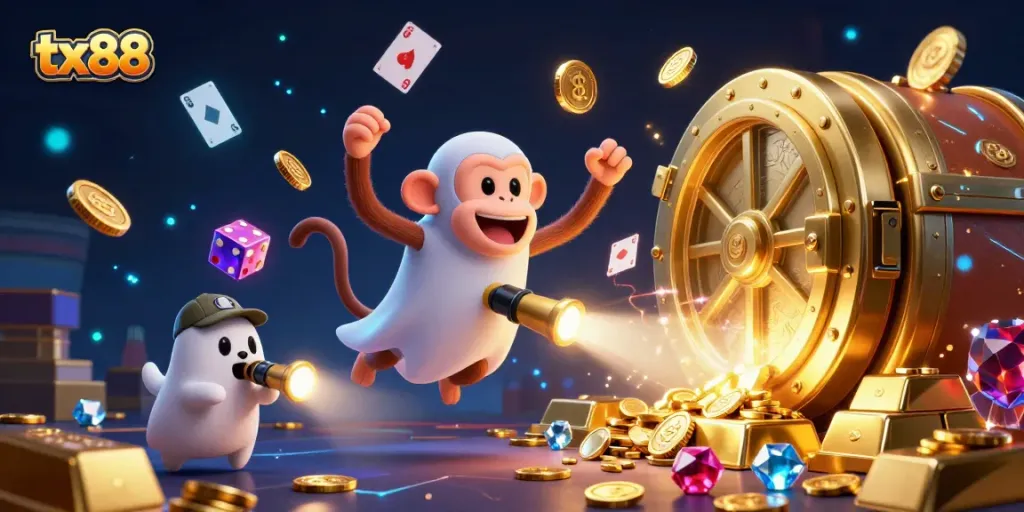 Experience exciting gaming at tx88 with a poltergeist monkey juggling coins in a vibrant casino scene.