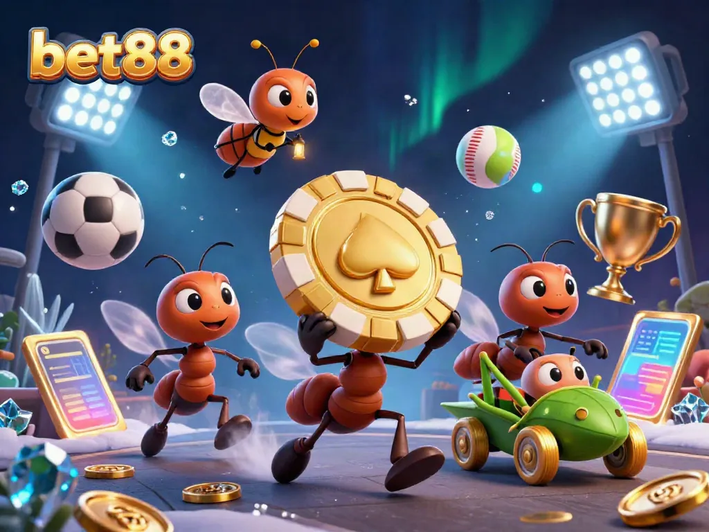 Bet88 action scene with ants scheming a heist for a poker chip among sports elements and golden trophies.
